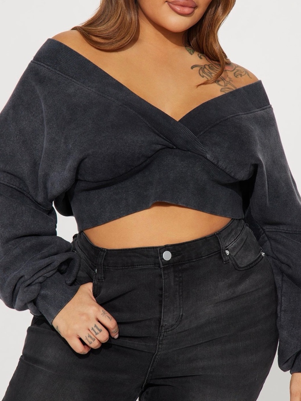 Fashion Nova Washed Charcoal Off-Shoulder Cropped Sweatshirt